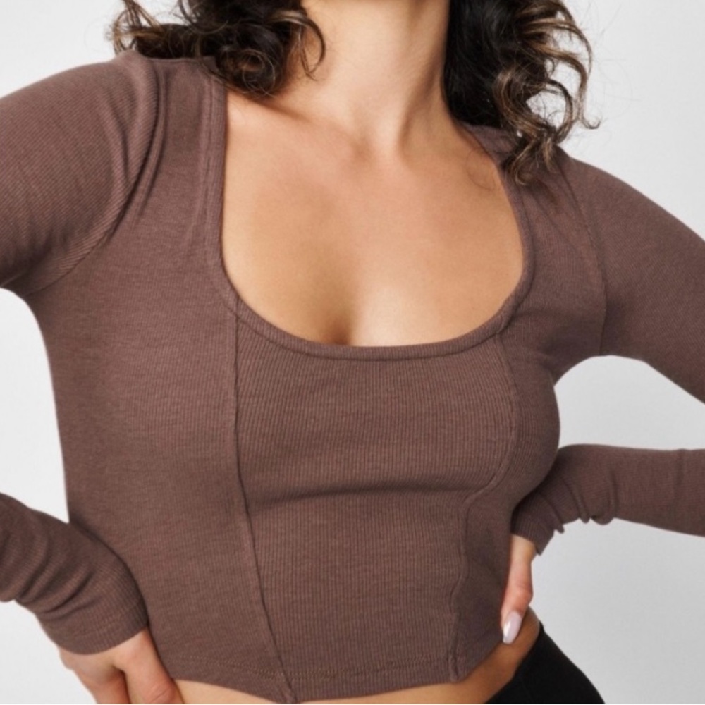 Garage brown corset style long sleeve ribbed crop top